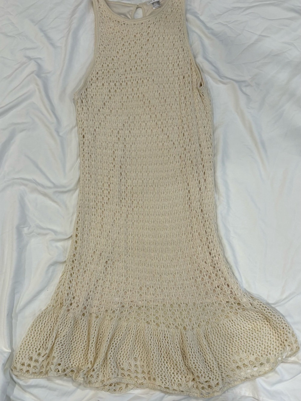 Venus Sleeveless Crochet Knit Cream dress with Ruffle Hem